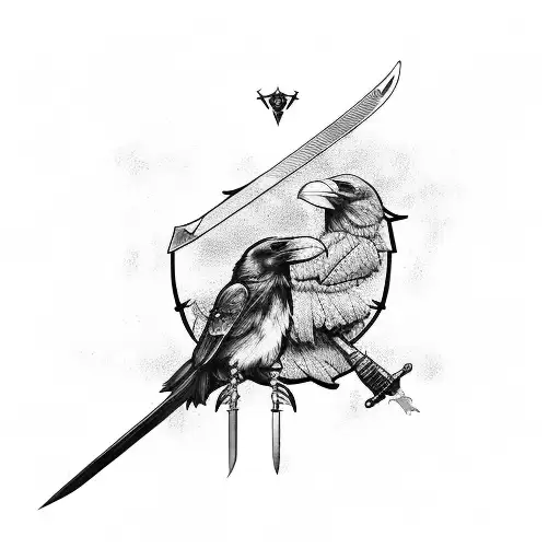 Raven With 3 Heades And Legs Holding Sword Flag And Corwn