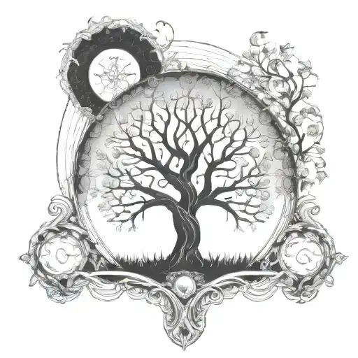 A Delicate Art Nouveau Inspired Tree Design Intertwined With Intricate Geometric Patterns Tattoo