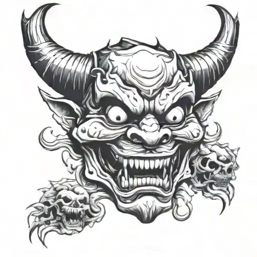Demonic Menacing Scary Japanese Hannya In Skull Style Face In Black And White Laughing