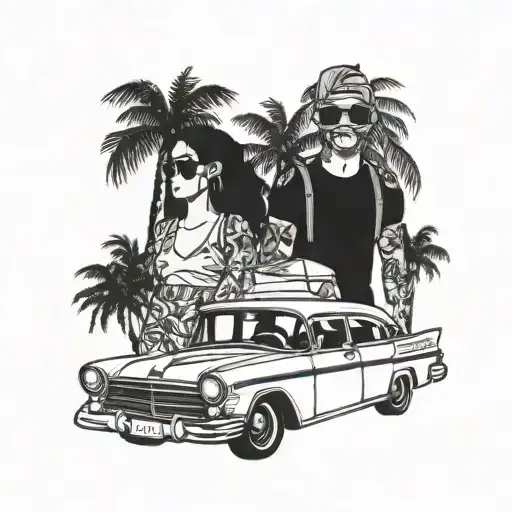 Girl And Guy With Ski Masks In A Car In A Cuban Like Road With Palm Trees