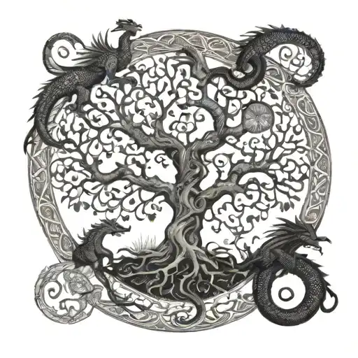 A Family Tree Of Life With Intricate Dragon Designs Intertwined Within The Branches Tattoo