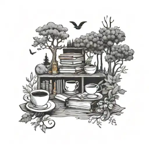 A Mystical Forest Scene With Animals Intertwined With Books And Coffee Cups