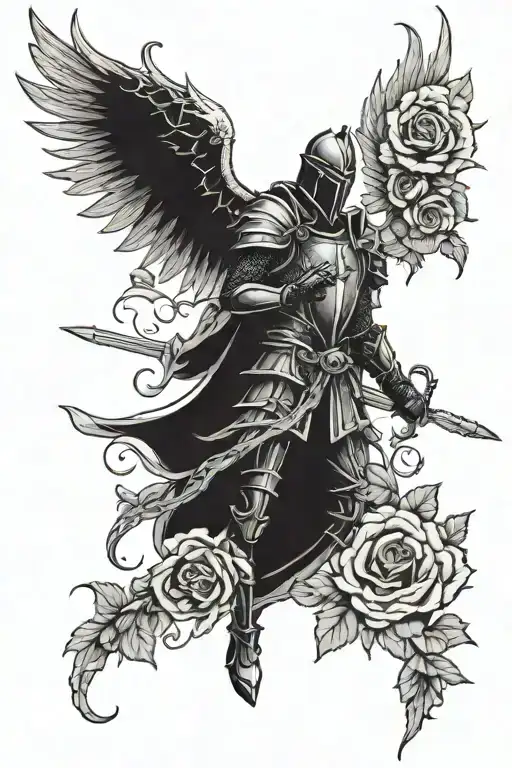 Black Knight With Sword And One Black Angel Wing In Roses And Thorne Vines