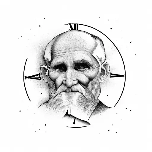 Old Man With Antique Clock In Forest Background