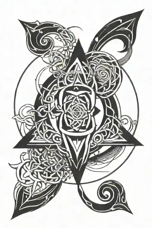 Mystical Knot Surrounded By A Circle With Figures And Pointed Lines Below
