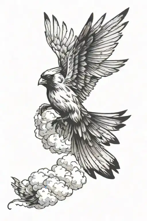 Cardinal With Wings Spread In The Clouds