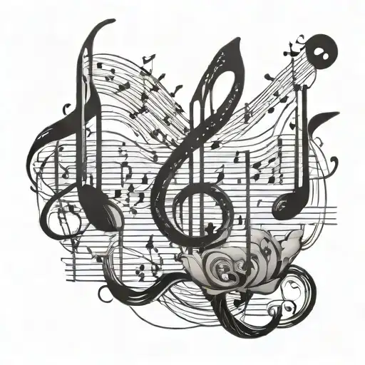 A Detailed Blackwork Tattoo Of A Music Sheet With Notes Fading Into A Beautiful Anime Character