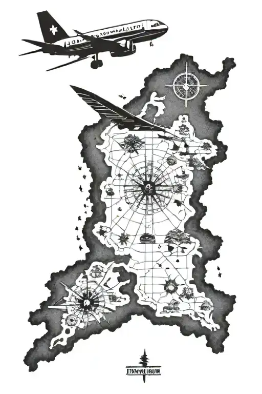 A Travel Inspired Tattoo Showcasing A Map Of Bulgaria With A Compass Rose And Airplane