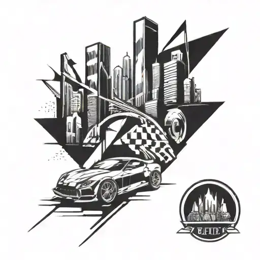 Incorporate A Sleek Sports Car Racing Through A Geometric Cityscape