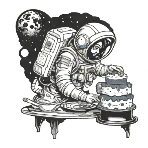A Curvy Beautiful Woman In An Astronauts Helmet Baking A Cake In Space