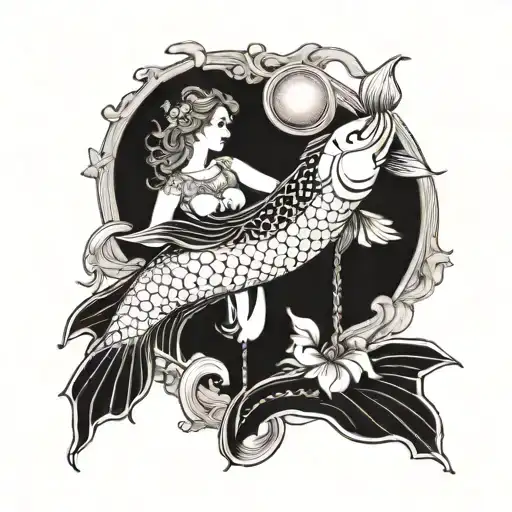 A Koi Fish Swimming Gracefully Around The Scales Of Lady Justice