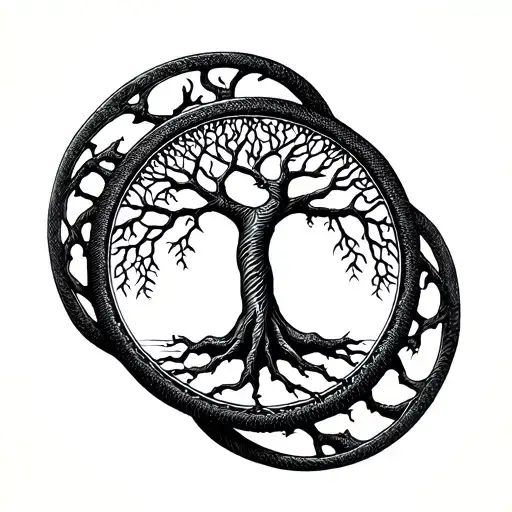 Tree Of Life Inside Circle Of Ouroboros Snake