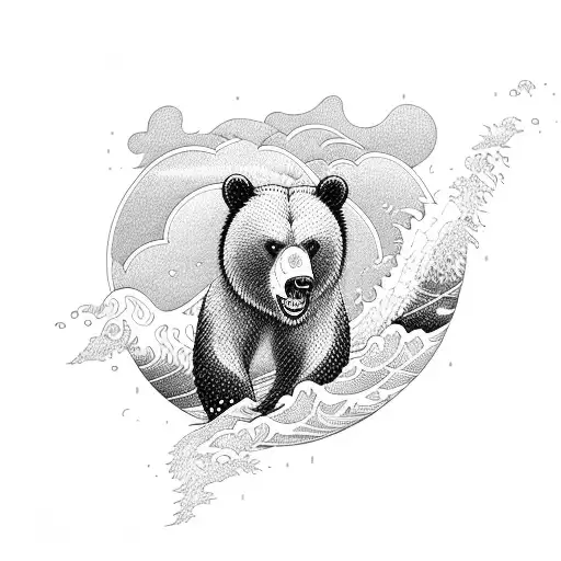 An Intricate Blackwork Design Of A Bear Surfing A Wave