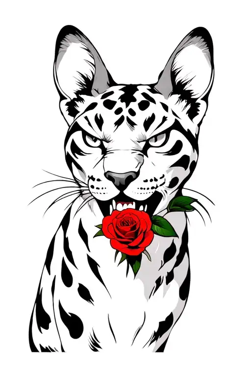 Adult Puma With An Angry Look With A Red Rose In The Mouth