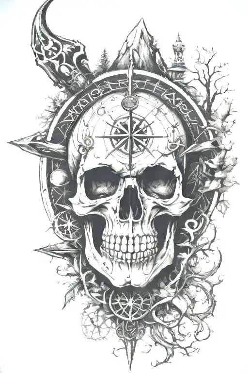 Skull Viking Compass Forest Scene