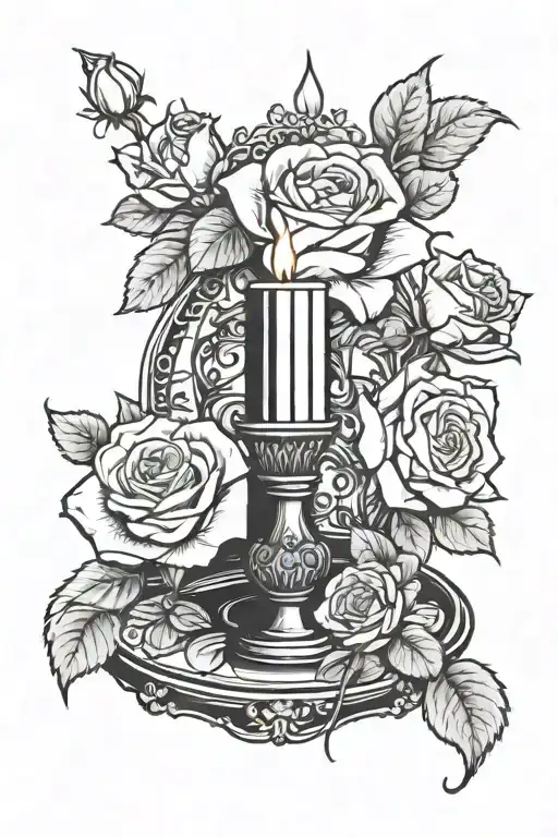 Candle In A Candle Tray With Roses In The Background