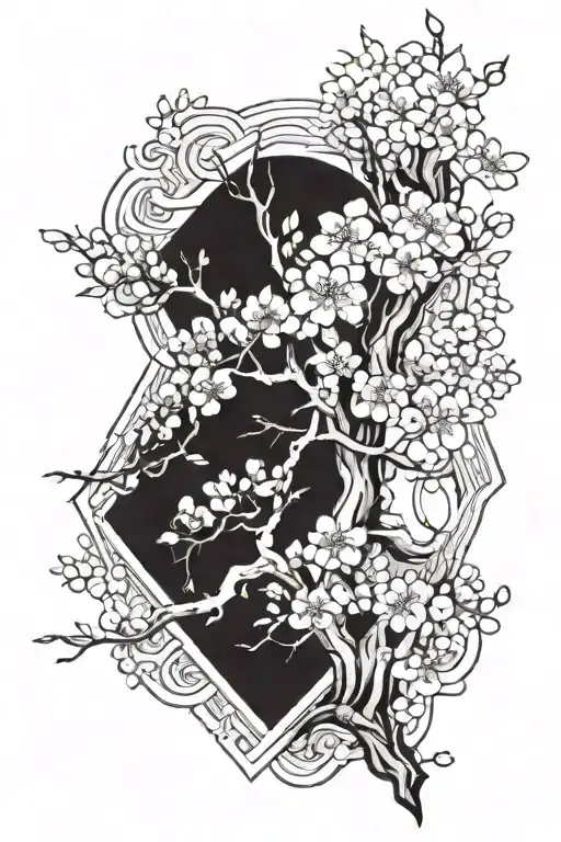 Half Sleeve Geometric Design Featuring Japanese Blossom Tree