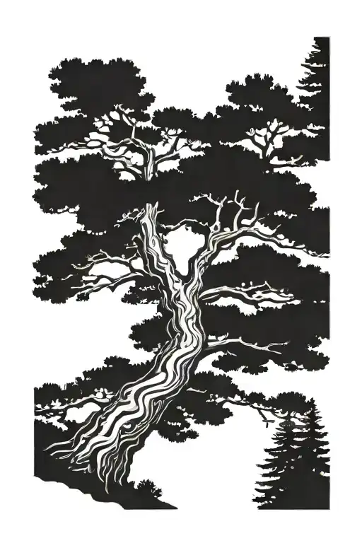 Loblolly Pine Tree Silhouette With Oak Tree Growing With Eastern Redbud Growing