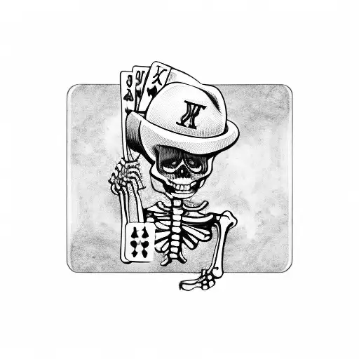 Skeleton Holding A Poker Card With A Hat