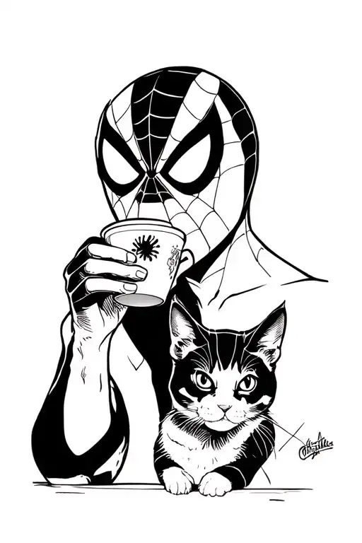 Spiderman Drinking Coffee And A Cat