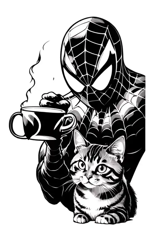 Spiderman Drinking Coffee And A Cat