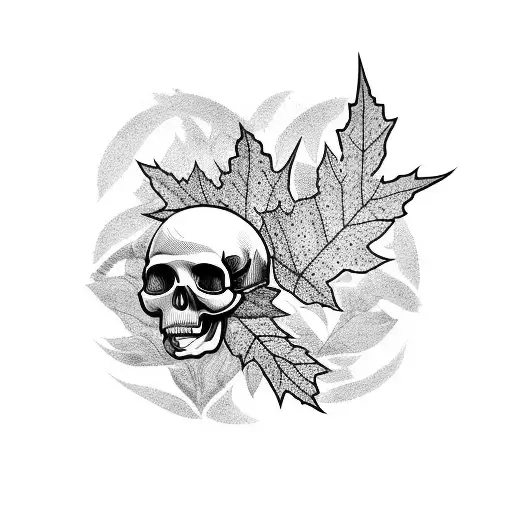 Maple Leaves Swirling In The Wind Around A Skull With A Heart