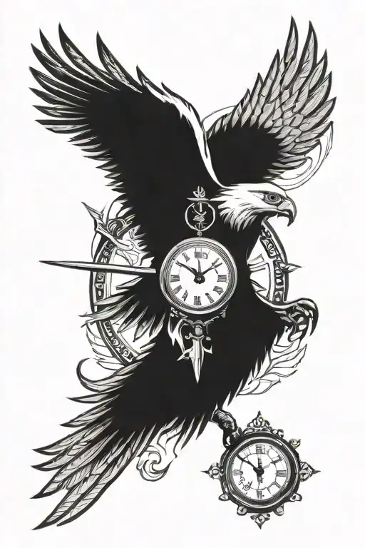 Eagle Spreading Wings With A Sword Piercing And A Clock