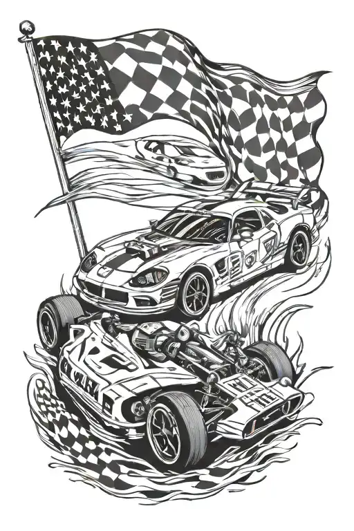 All Gas No Break With Race Car On Trace And Race White And Black Flags