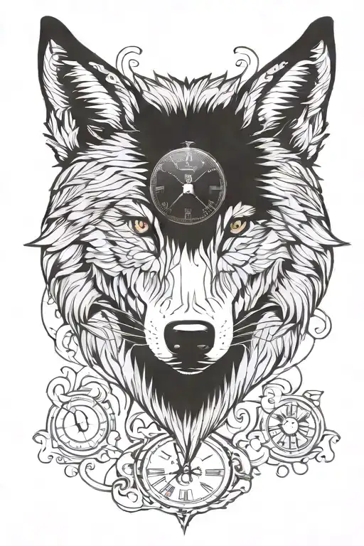 Wolf Head With Clock And Symmetrical Back Tattoo Design