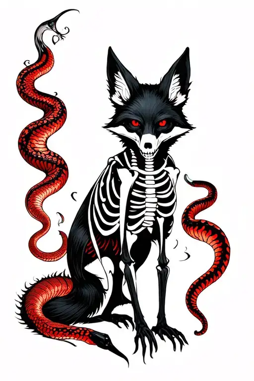 Tatt In The Horror Style Where The Black Skeleton Of The Fox Is In Full Growth With A Red Snake