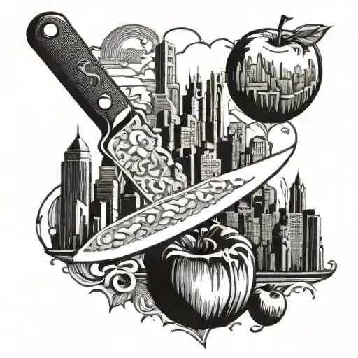 A Chef's Knife Cutting Through The New York City Skyline Made Of Apples