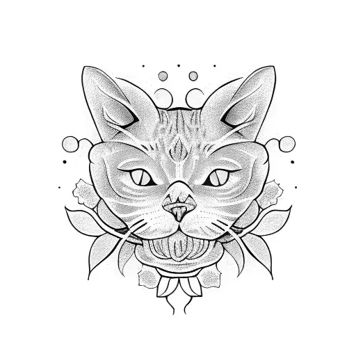 Small Line Work For A Cat Skull And Flower
