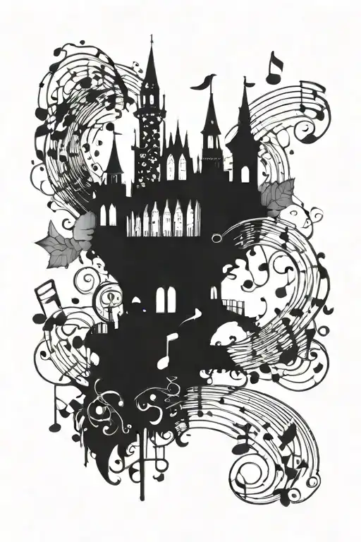 A Whimsical Disney Castle Surrounded By Music Notes