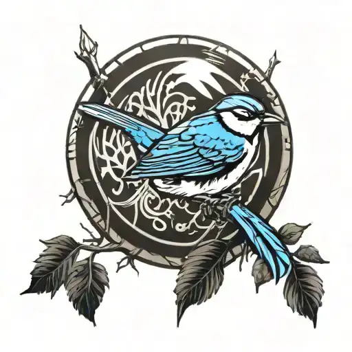 Spartan Shield Resting On A Tree With A Blue Wren Purched