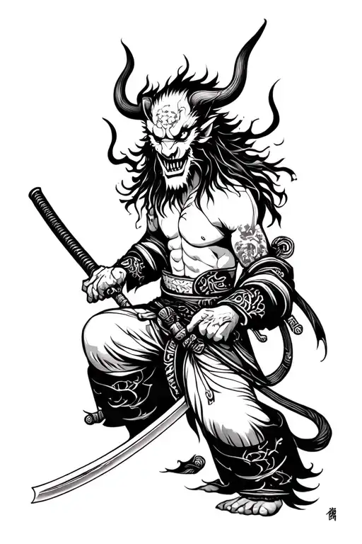 Traditional Japanese Demon With Katanas