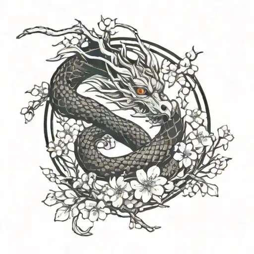 Female Long Dragon With Cherry Blossoms And Branches
