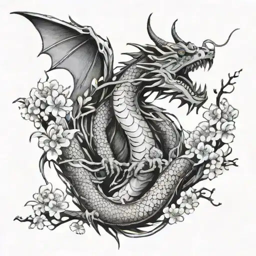 Dragon With Cherry Blossom Branch Intertwined And A Japanese Structure