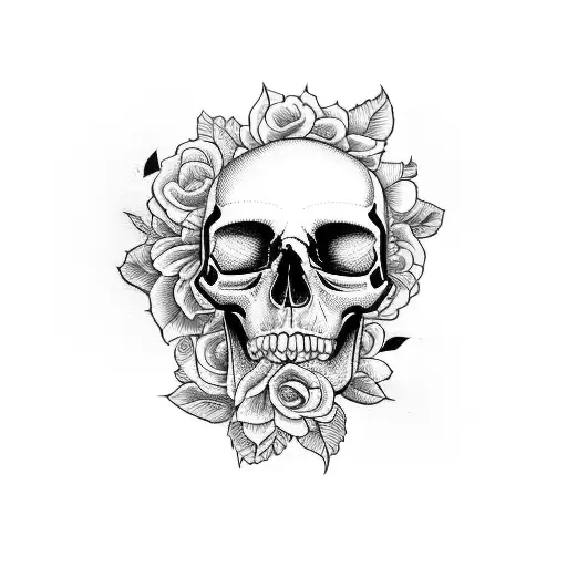 Half A Skull Merging Into A Flower Chest Piece With Lines Underneath