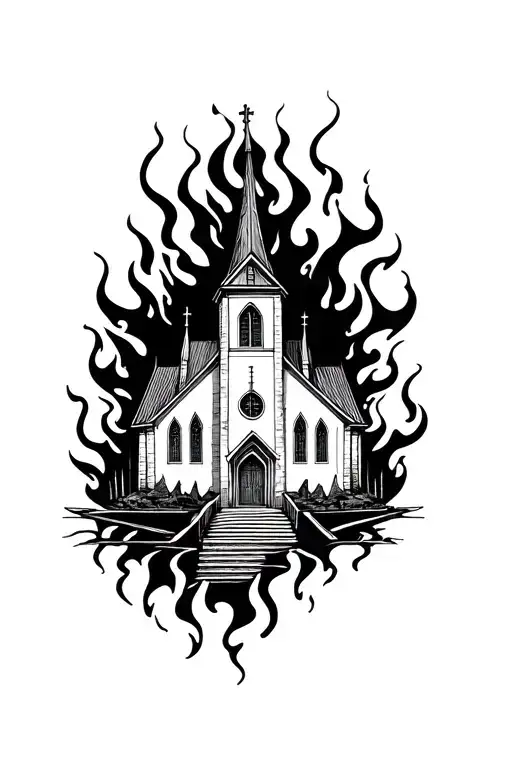 Blackwork Burning Church With Black Fire Surrounded