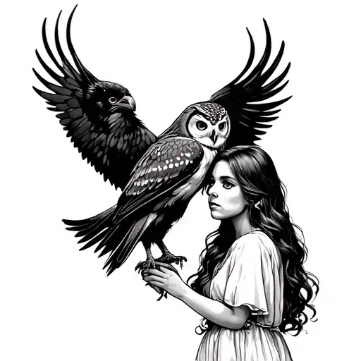 Girl With Owl Against The Backdrop Of Raven With Srack Wings