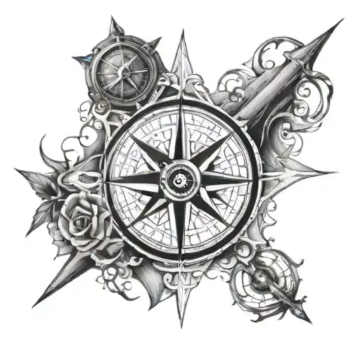 Men Compass Rose With Hourglass Inside Surrounded By Tridents
