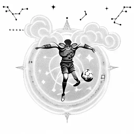 A Mythical Creature Playing Football In The Clouds With A Background Of Constellations