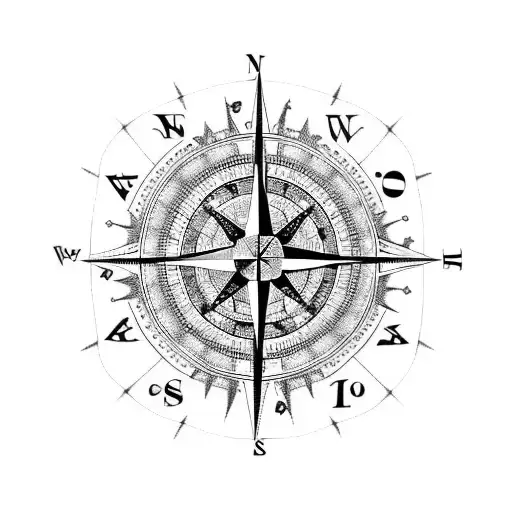A Compass Rose Surrounded By Symbols Of Different Cultures In Blackwork Style