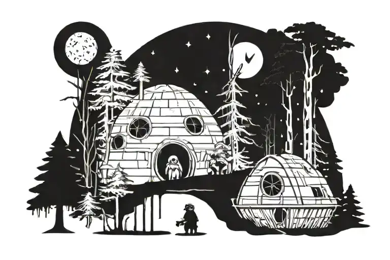 Endor With The Trees And The Tree Huts With An Ewok Somewhere And The Death Star Exploded