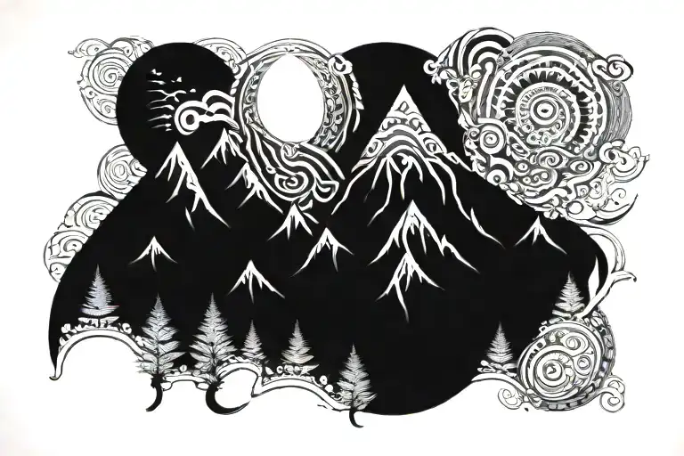 A Mountain Landscape With Maori Inspired Patterns Integrated Into The Design