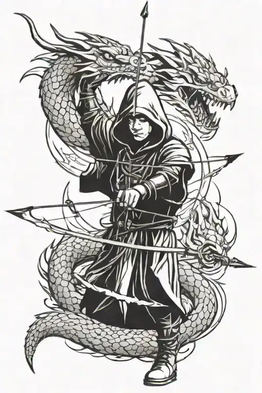 Hooded Archer Shooting Arrows At A Dragon Breathing Fire