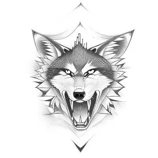 A Modern Japanese Tattoo Design Featuring A Wolf In A Dark Fantasy Setting