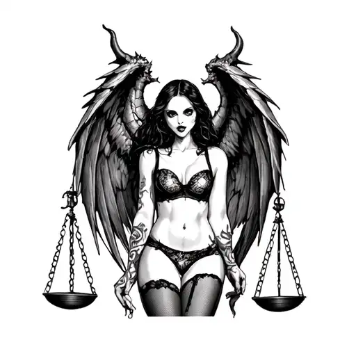 Scary Girl In Sexy Lingerie With Demon Wings Holds Scales Of Justice