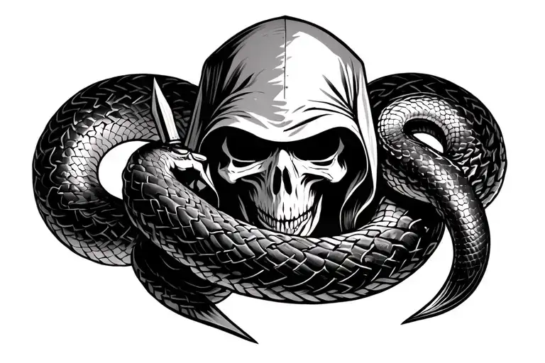 Full Body Hooded Grim Reaper Holding Scyth Snake Wrapping Itself