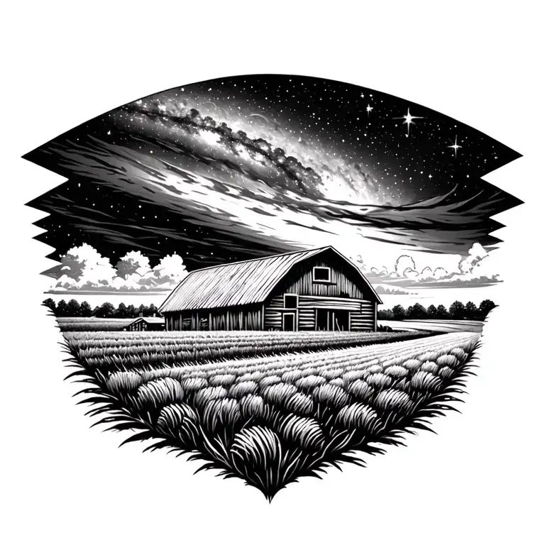 Farm With Barn And Field With Galaxy Filled With Stars